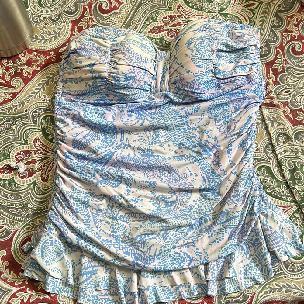 Women’s Blue & White Ruched Strapless Swimdress